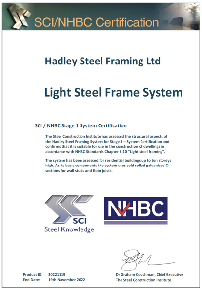 NHBC Stage 1 Certification for Hadley Steel Framing