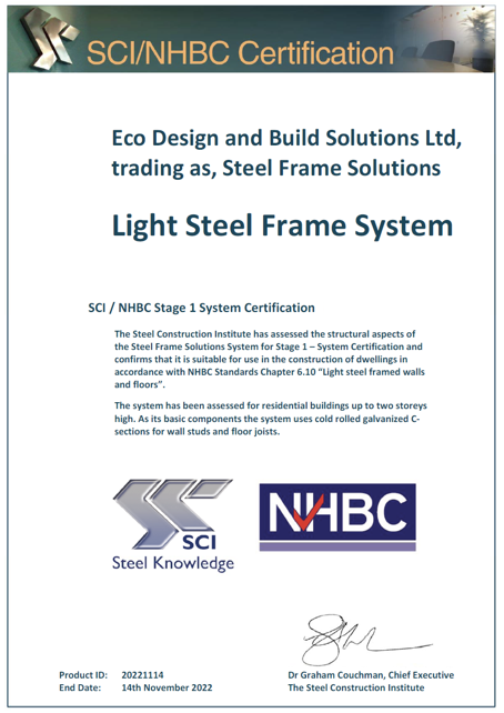 NHBC Stage 1 Certification for Steel Frame Solutions